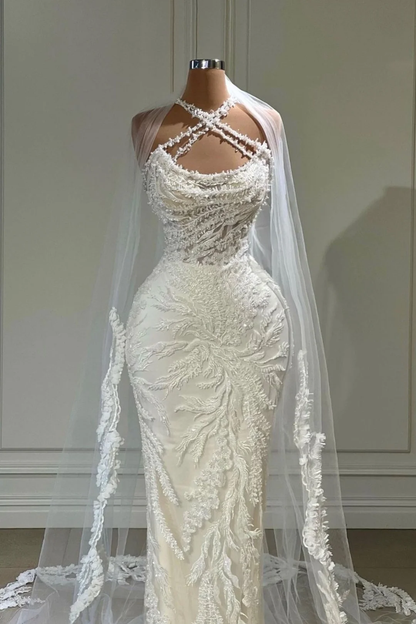 Luxury Long Wedding Dress White Halter With Tulle Appliques Gown White Wedding Dress DP619