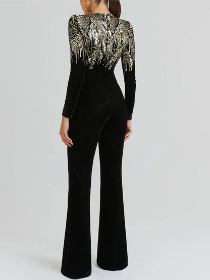 Round Neck Sequined Color Block Long Sleeve Jumpsuit