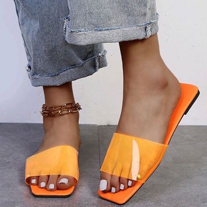 Transparent Square Toe Flat Casual Slippers