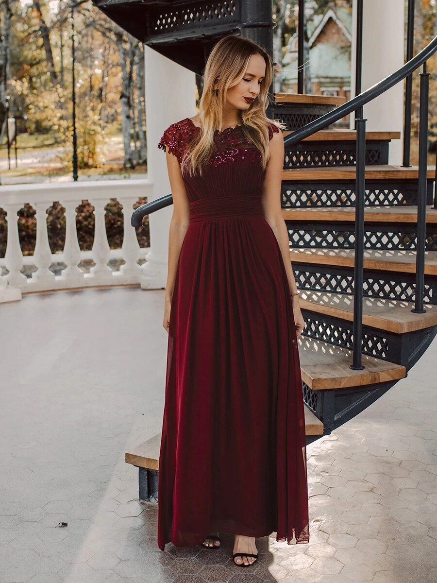 loveedsTM - Elegant Evening Dresses O-Neck Sleeveless A-LINE Lace Floor-Length Gown 2024 Ever pretty of Burgundy Simple Prom Dress Women