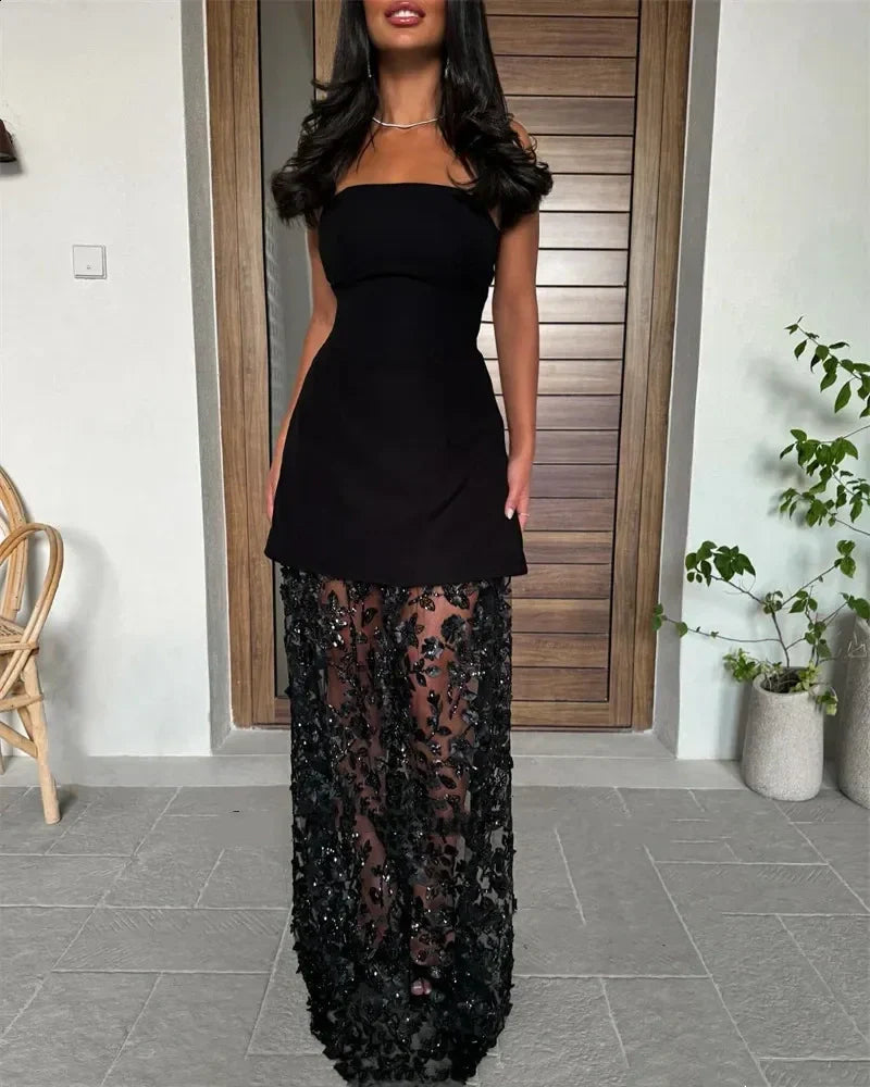 Pretty A line Strapless Black Night Dinner Evening Dresses Formal Summer Wedding Guest Dresses Wedding Guest Outfits DP2221