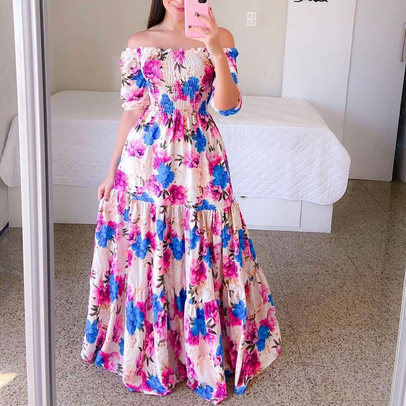 loveedsTM-Sexy Off The Shoulder Tube Top Dress Butterfly Rainbow Floral Print Dress Ladies Elegant Slim Summer Bohemian Party Maxi Dresses