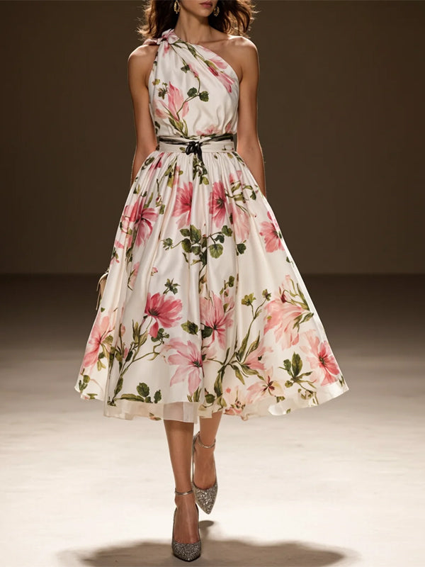 Pink Ruched Floral Classic One Shoulder Sleeveless A-Line Midi Dress