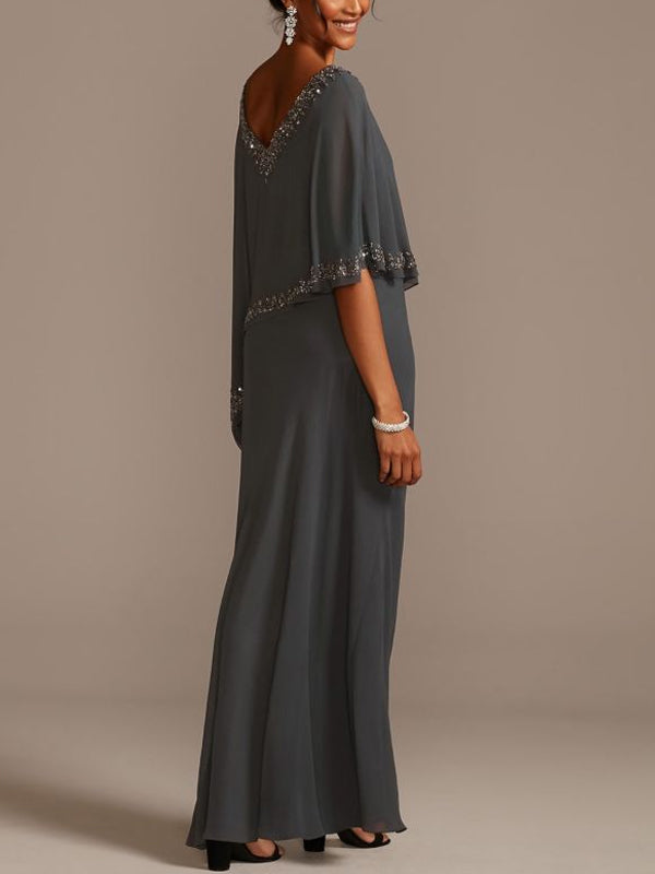 Beaded V-neck Chiffon Cape Sheath Maxi Dress