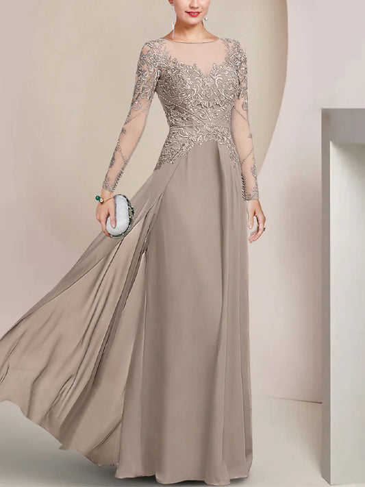 Round Neck Lace Long Sleeve Solid Color Maxi Dress