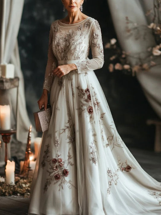 White Round Neck Mesh Maxi Dress