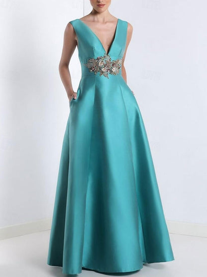 Sleeveless V-neck with Satin Pockets Women's Gown