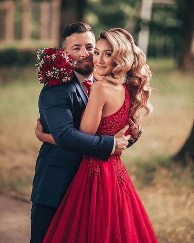 Red Halter Applique Beaded Long Prom Dresses