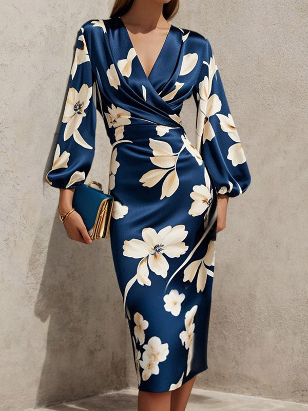 Floral V Neck Balloon Sleeve Midi Sheath Satin Dress