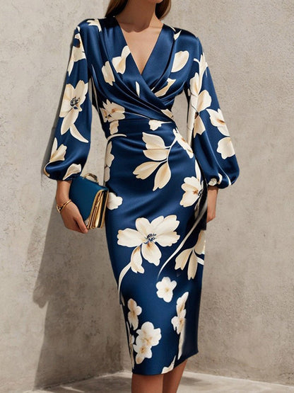 Floral V Neck Balloon Sleeve Midi Sheath Satin Dress