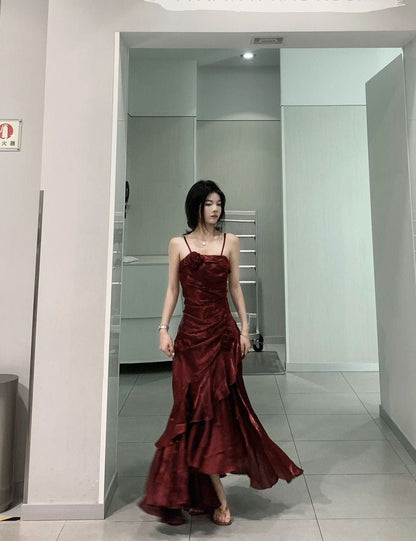 Classy Sheath Sweetheart Sleeveless Satin Burgundy Long Prom Dresses SD2399