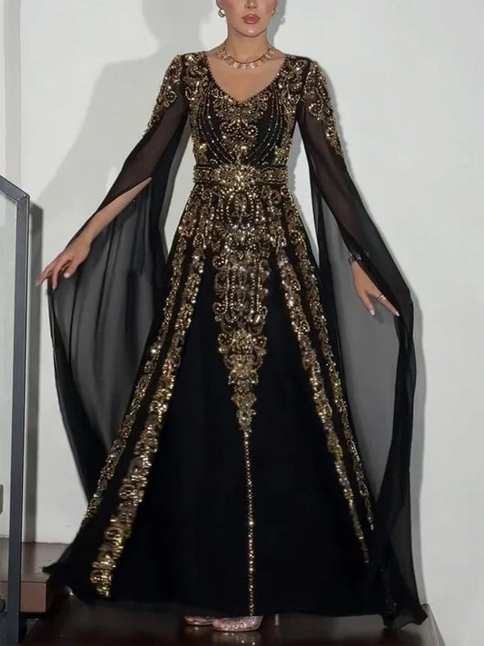 V-neck Sequined Mesh Solid Color Maxi Dress
