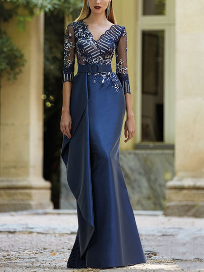 V-neck Mesh Solid Color Maxi Dress