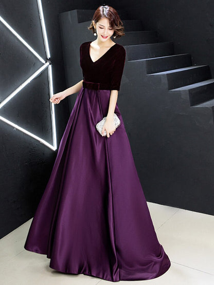 loveedsTM-V-neck Bow Waist A-line Satin Evening Dresses Short-Sleeve Velour Formal Women Prom Dresses Elegant Graduation Party Gowns