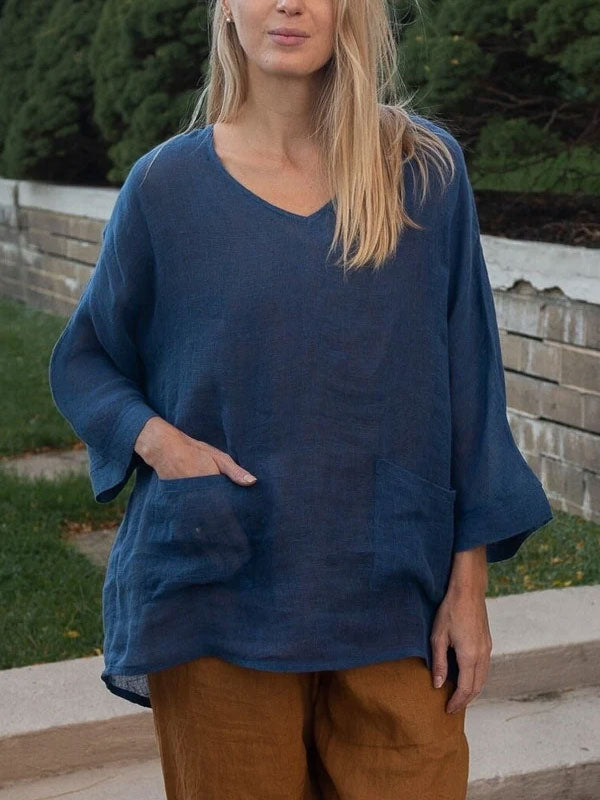 Large Pocket Pullover Cotton and Linen Women's Shirt