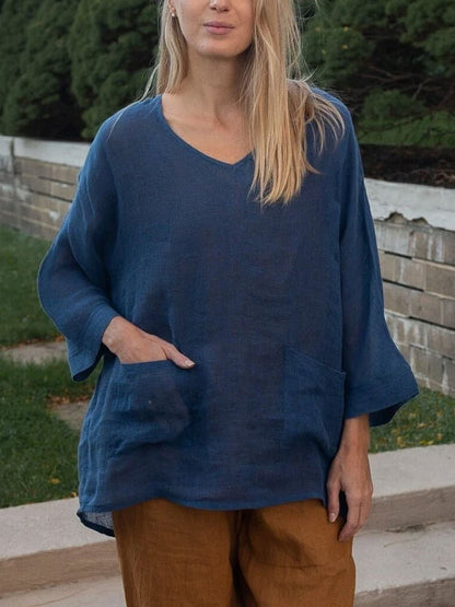 Large Pocket Pullover Cotton and Linen Women's Shirt