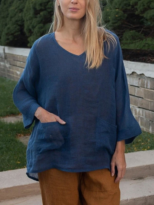 Large Pocket Pullover Cotton and Linen Women's Shirt