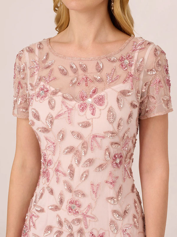 Handmade Beaded Short Sleeve Floral Guided Silk Gowns