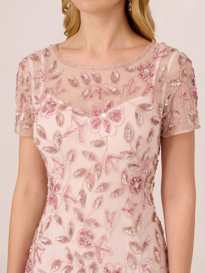 Handmade Beaded Short Sleeve Floral Guided Silk Gowns