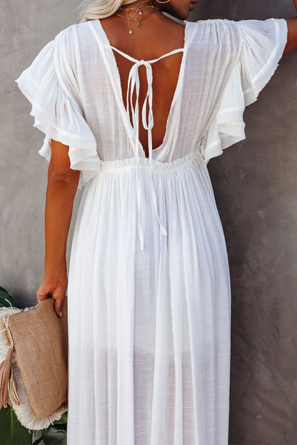 loveedsTM-Elegant Solid Frenulum Buckle V Neck A Line Dresses