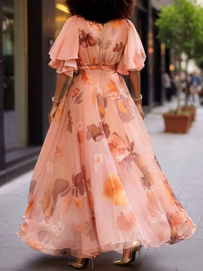 Vacation Elegant Peach Floral Wrap Neck Short Sleeve Chiffon Maxi Dresses