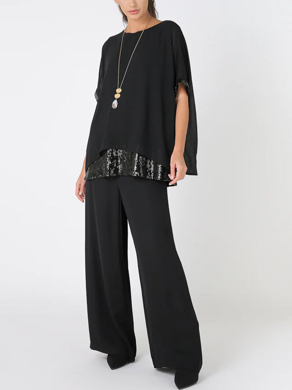 Crew Neck Mesh Sequin Top Trousers Suit