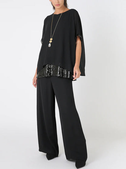 Crew Neck Mesh Sequin Top Trousers Suit