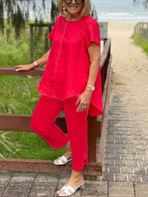 Simple Casual Solid Color Short Sleeve Women's Suit