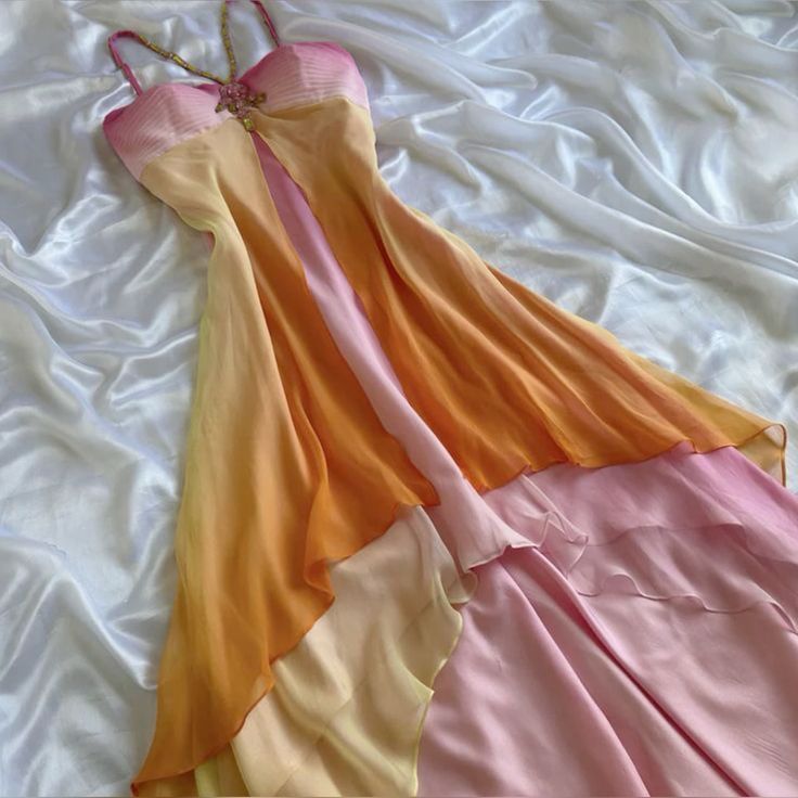 Pink Orange Elegant Fantasy Long Chiffon Ball Gown Evening Dress Party Dress Fairy Tale Dress gh3178