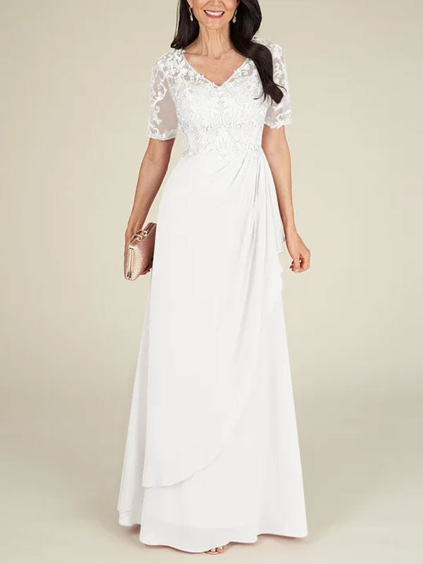 Floor-to-ceiling chiffon lace back zip bridal mom dress