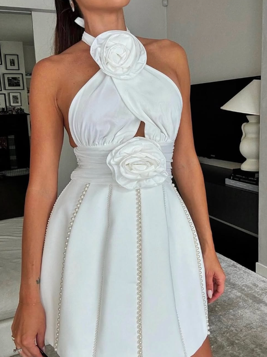 Charming A Line Halter 3D Floral Pearls Satin Short Homecoming Dress Birthday Dress SH2036