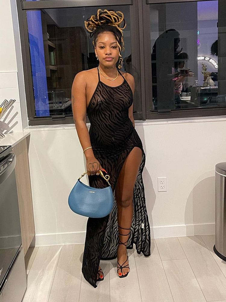 loveedsTM- Sexy Flocking Party Dress Women Halter Bandage Side Split Skinny Elastic Backless Maxi Bodycon Midnight Slim Clubwear