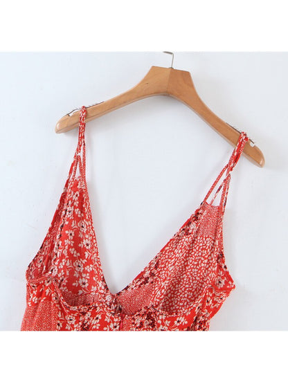 loveedsTM- Boho Strap Print Dress Woman 2024 Summer Beach Vacation New Sexy Deep V Neck High Waist Backless Mini Dress Female