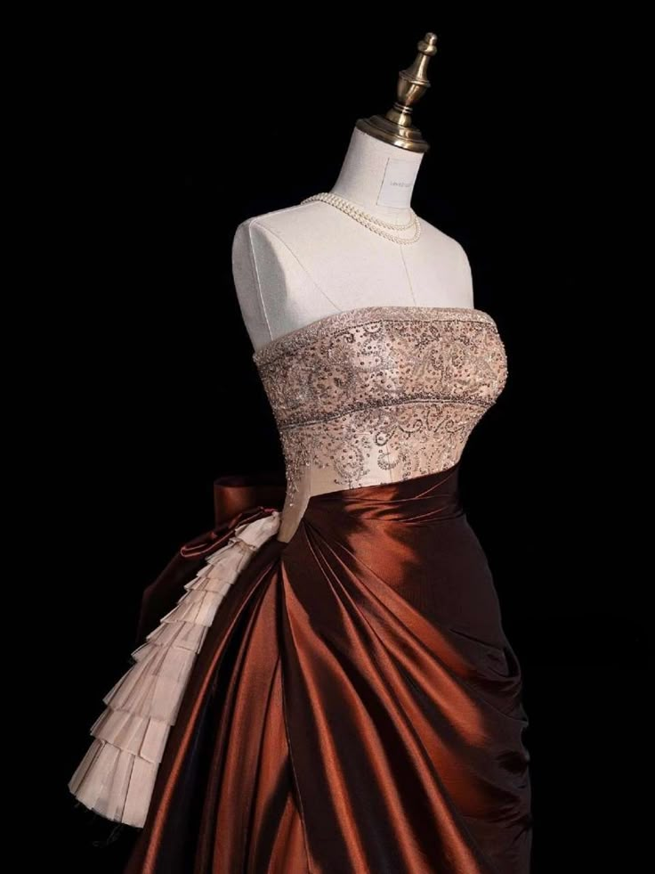 Vintage Strapless Satin Beaded  A Line Evening Dress Prom Gown S194