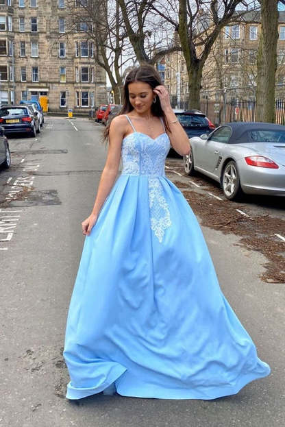 Light Blue Spaghetti Strapless Satin Lace Long Prom Dress,Elegant Evening Dresses SH854