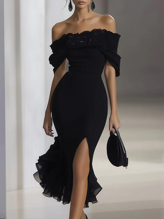 Off Shoulder Black Chiffon Dress With Lace