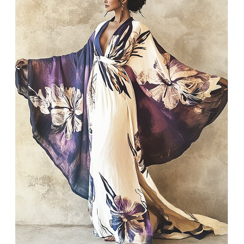 Light Purple Cotton And Linen Printed Robe Dress