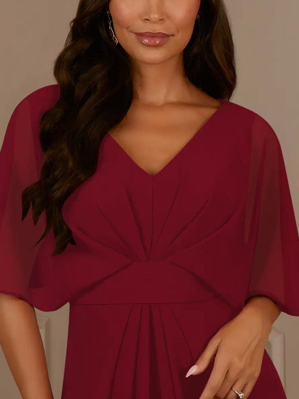 A-Line V-Neck Pleated Chiffon Dress