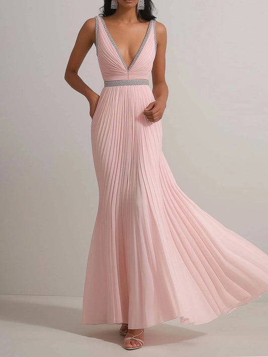Party Dress Pink Deep V Sleeveless Pleated Maxi Dress