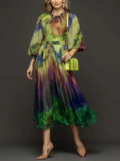 Crew Neck Printed Chiffon Midi Dress