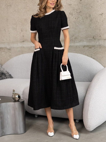 Tweed Pearl Puffy Skirt Midi Dress