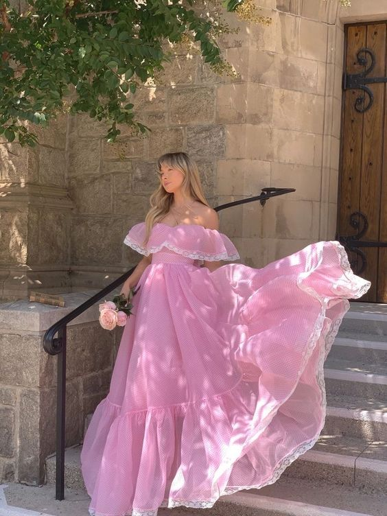 Pink Tulle Off The Shoulder Lace  Long Prom Dressï¼_legant Evening Dress SH716