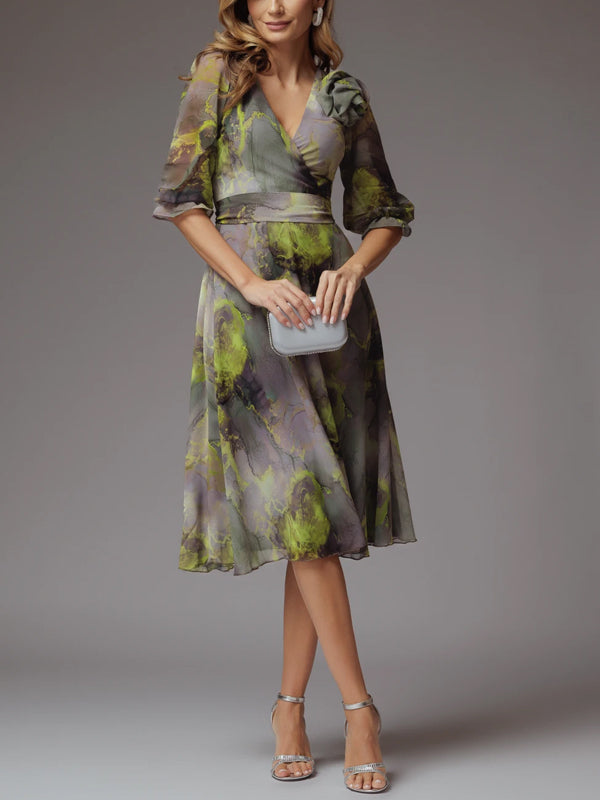 V-neck Chiffon Print Midi Dress