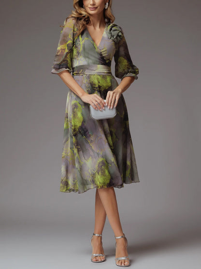 V-neck Chiffon Print Midi Dress
