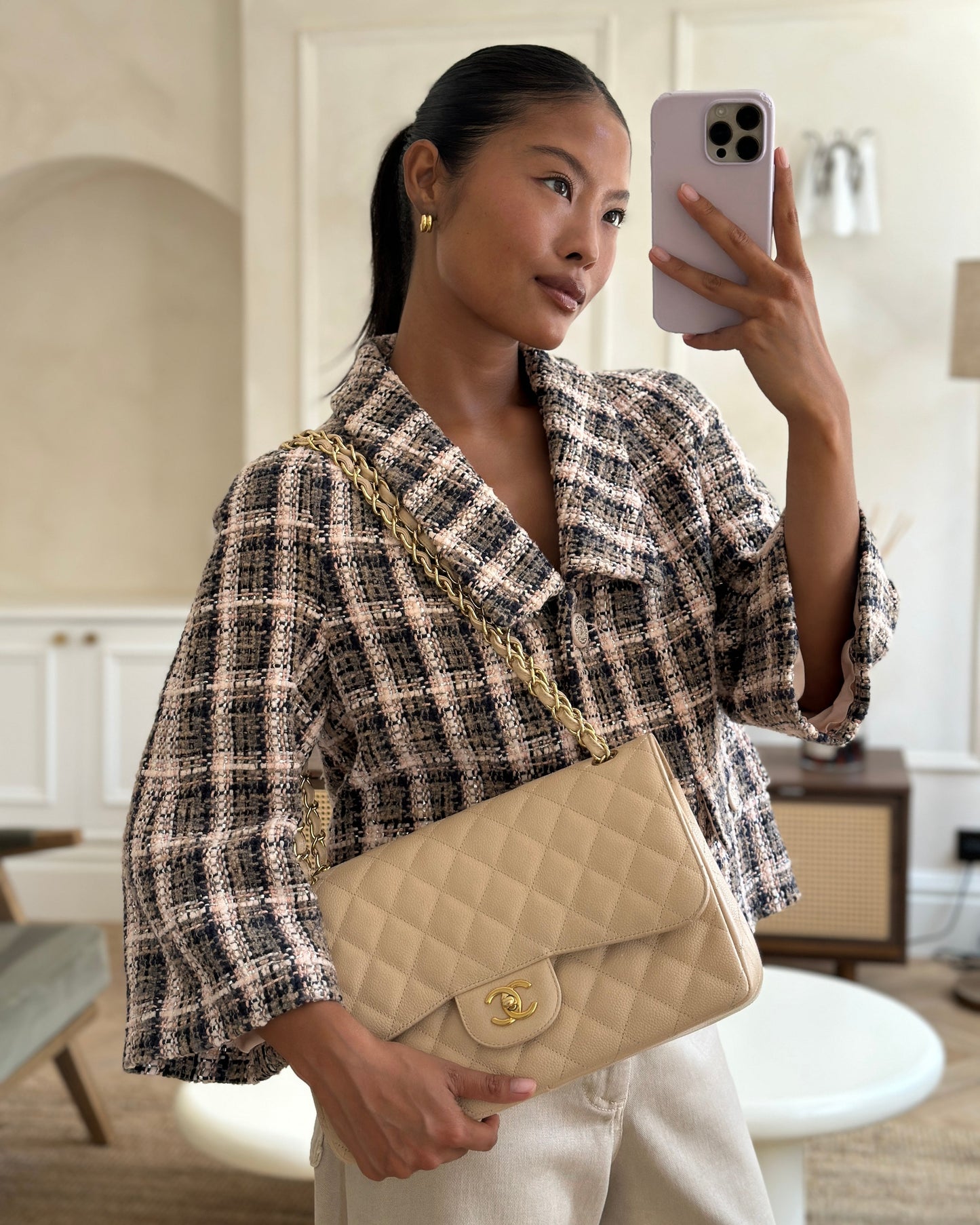 Chanel Beige Jumbo Classic Double Flap Bag in Caviar Leather with Gold Hardware