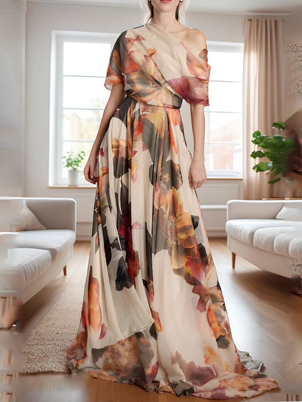 French Asymmetrical Print Chiffon Maxi Dresses Summer