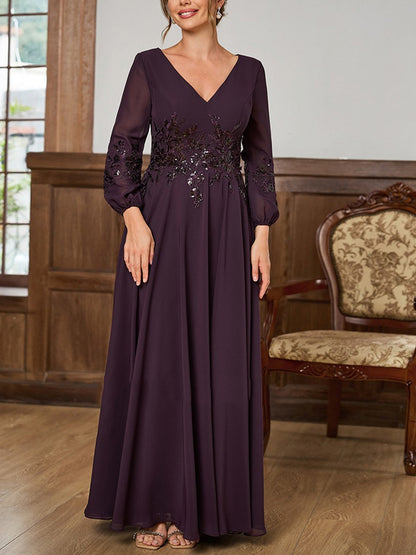 V-neck Long Sleeve Solid Color Maxi Dress