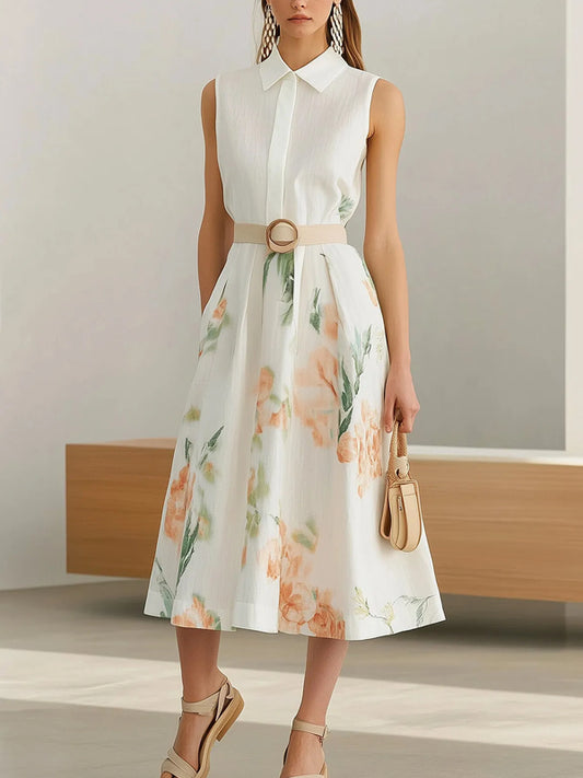 Elegant Sleeveless Linen Dress with Floral Print and Belt
