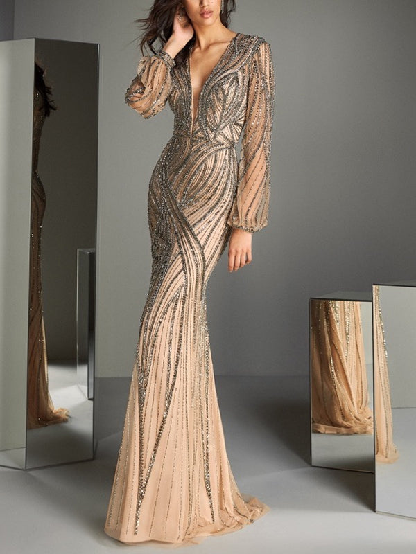 V-Neck Long Sleeves Sequins Maxi Dress