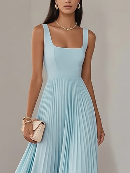 Light Blue Pleated Square Neck Sleeveless A-Line Maxi Dress